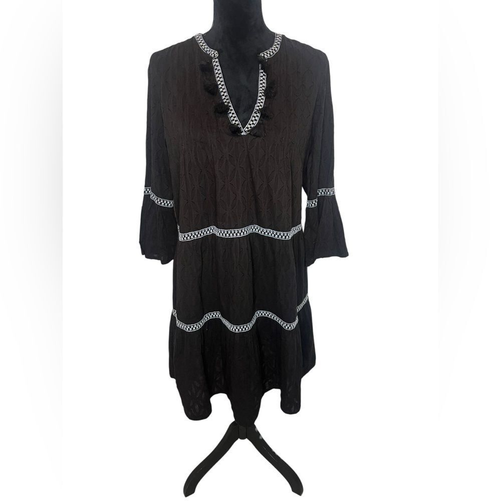 NWT TOMMY BAHAMA EMBROIDERED TIERED TASSEL BLACK DRESS WOMENS SIZE MEDIUM - Picture 6 of 10